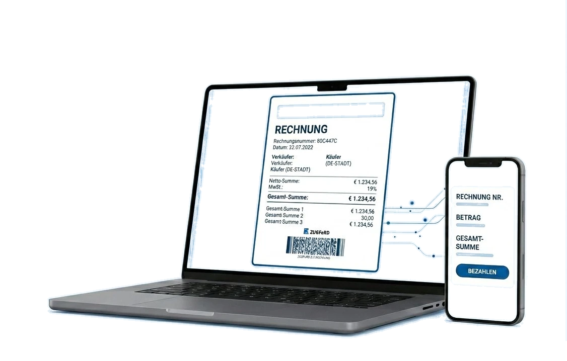 Laptop und Smartphone zeigen eine E-Rechnung im ZUGFeRD-Format